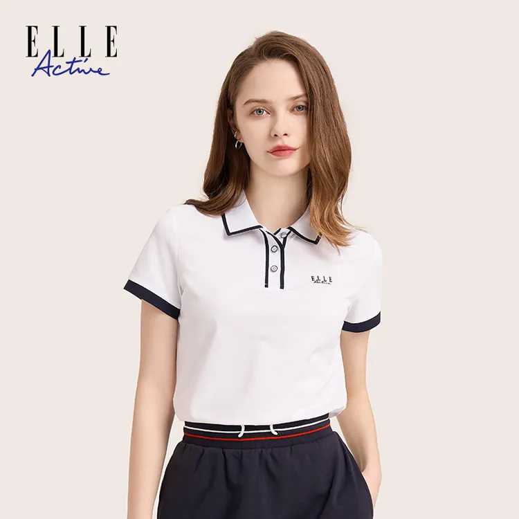 ELLE Active女装休闲户外运动翻领POLO衫撞色短袖T恤夏季百搭上衣