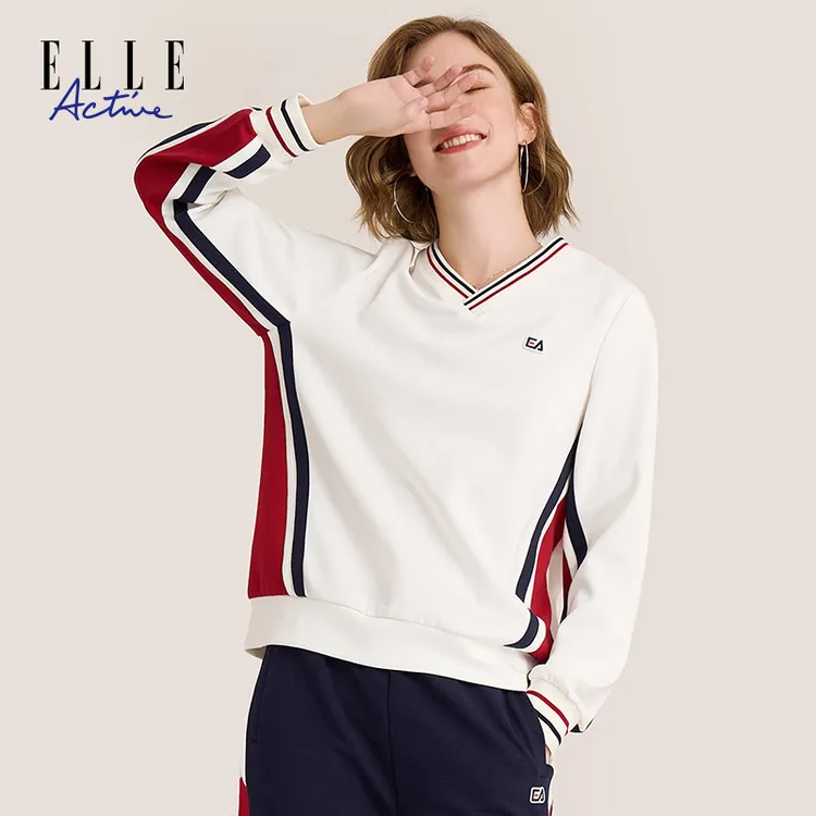 ELLE Active【V领显瘦】女装落肩休闲卫衣秋季长袖套头上衣运动潮流