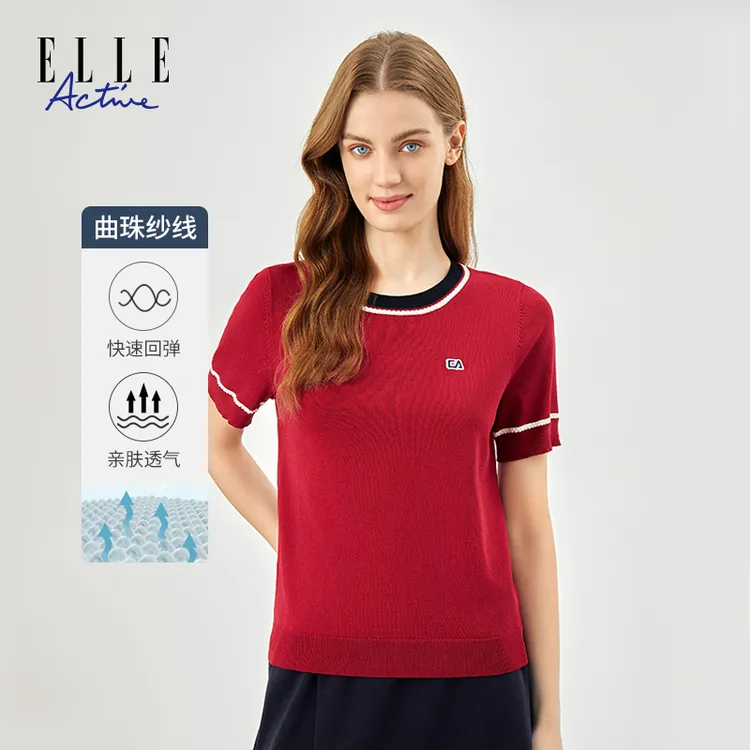 ELLE Active【复古螺纹圆领】针织衫女款透气短袖T恤时尚休闲上衣夏
