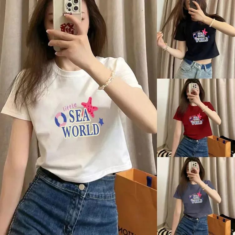 【夏日海星】t恤短款百搭夏季修身印花显瘦休闲春夏ins圆领白色高腰