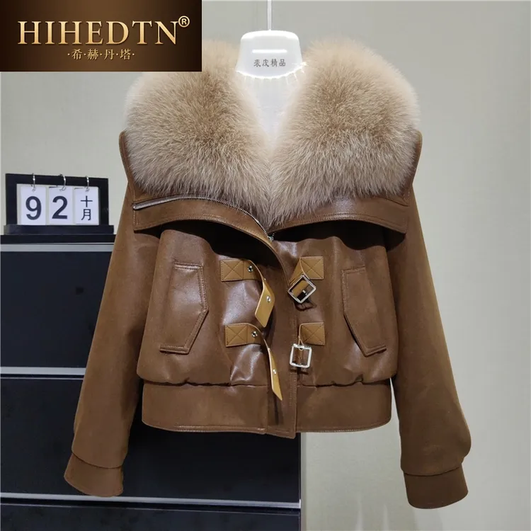 海宁加厚狐狸毛皮草外套短款冬季皮毛一体外套女大衣派克服女款