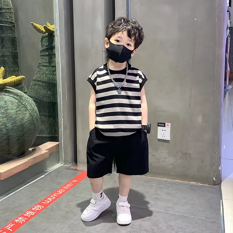 男童条纹无袖套装夏季2025新款小童帅气时髦潮流儿童砍袖背心夏装