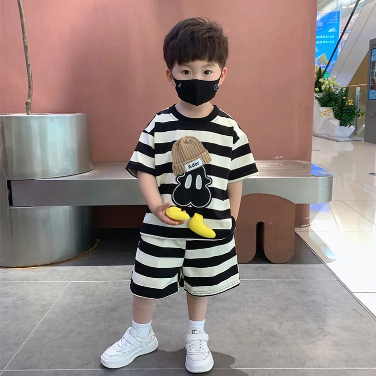 卡通条纹男童夏装短袖套装2025款中小儿童夏季薄款休闲两件套童装