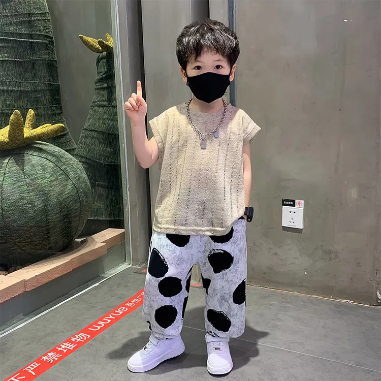 男童夏装无袖套装2025新款痞帅中小童镂空背心长裤薄款宝宝衣服潮