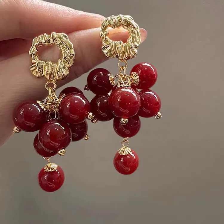 高级感红色串珠流苏耳钉女轻奢金属高级感褶皱耳环小众耳饰4598