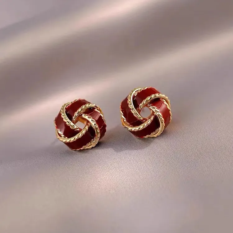 红色珐琅同心结耳钉新款爆款女小众设计感高级耳环时尚耳饰1234