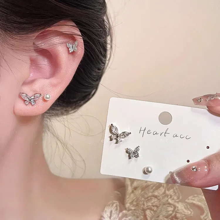 蝴蝶925银针耳钉套装新款高级感耳环女小众独特耳骨钉耳饰4585