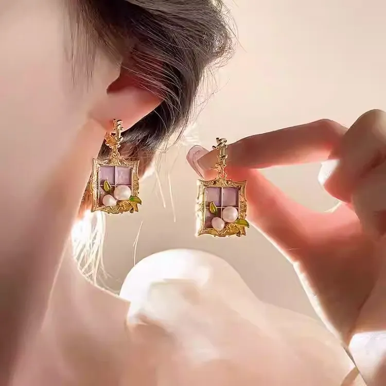 莫奈花园~紫色油画仿珍珠爆款耳扣女百搭轻奢高级感独特气质耳饰