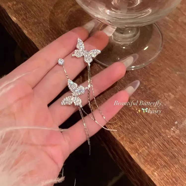 轻奢闪钻不对称蝴蝶流苏耳环女时尚气质高级感百搭长款耳坠潮6479