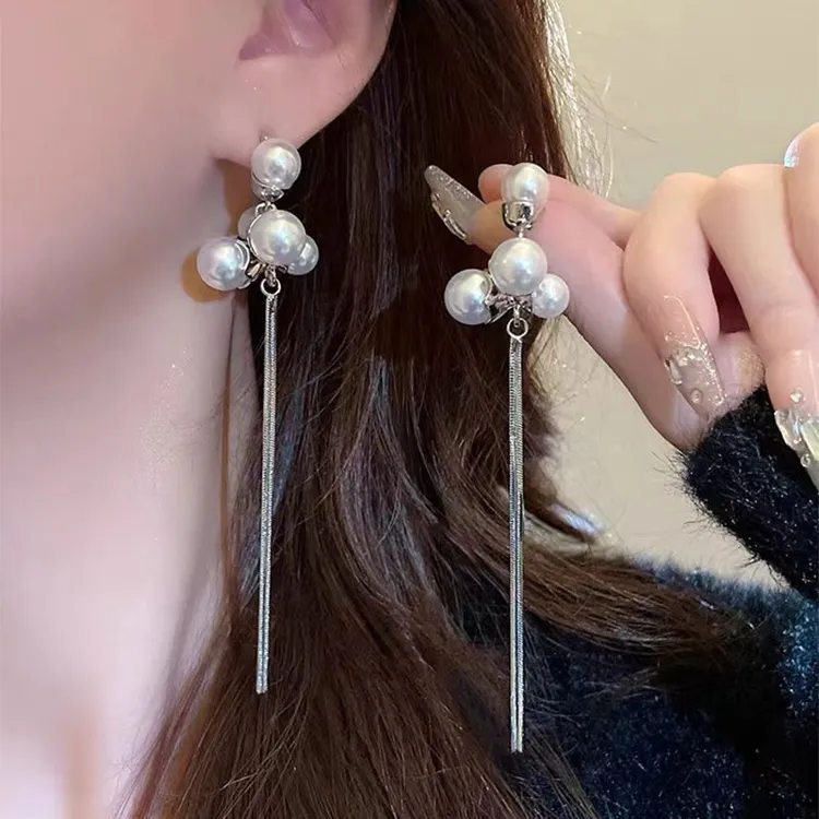 白色浪漫~仿珍珠流苏耳环小众设计感高级耳坠轻奢耳钉ins耳饰6357