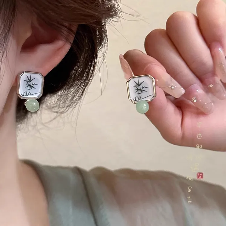 国风竹叶方形耳环女新中式小众高级感古风耳钉清冷感旗袍耳饰4463