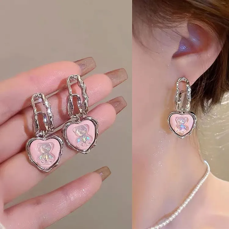 银针耳饰 独特粉色爱心小熊耳钉新款潮小众设计感耳环时尚5403