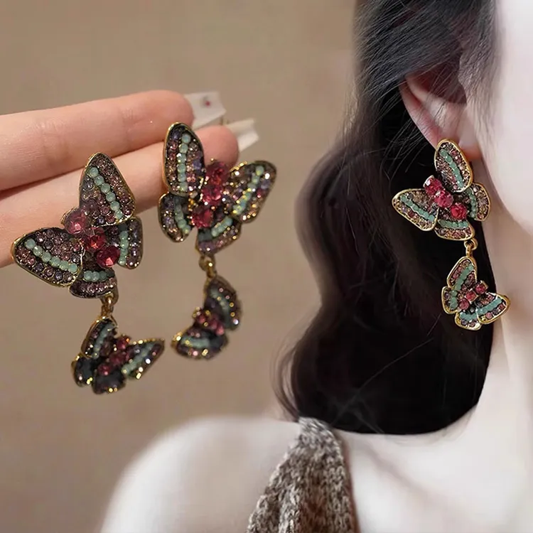 迷幻彩蝶~镶钻彩色复古蝴蝶耳钉高级轻奢小众设计独特耳环女5650