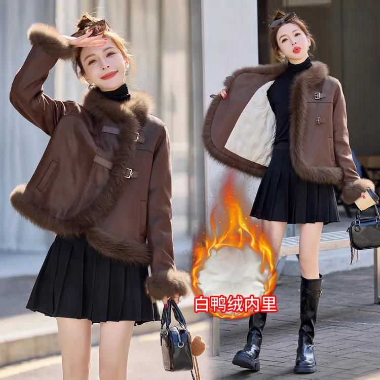 2025网红潮流拼接狐狸毛羽绒服白鸭绒豪华上档次女装温婉风衣服女