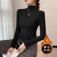 秋冬季加绒加厚半高领修身长袖t恤女显瘦遮肉内搭打底衫保暖上衣