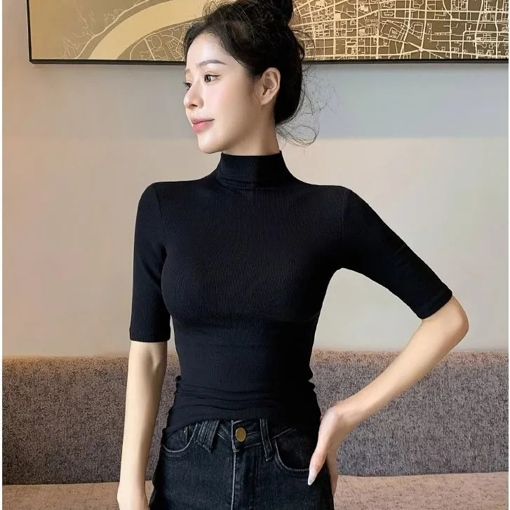 【TF4102】螺纹棉半高领中袖打底衫女紧身时尚上衣修身显瘦气质t恤