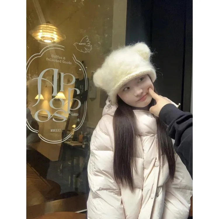 MEME吸吸同款小怪兽帽圆耳朵帽猫耳朵可爱毛绒绒帽子 冬日毛毛帽