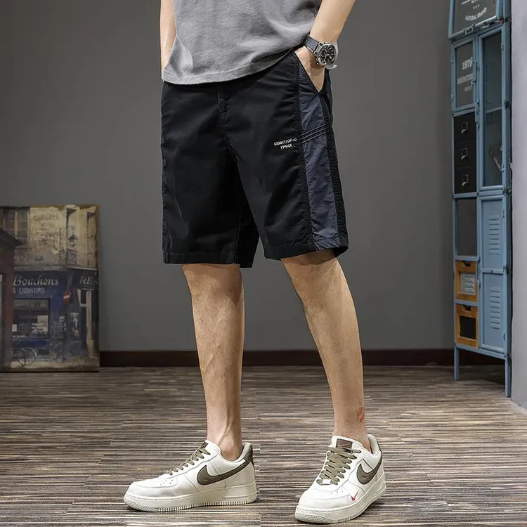 潮牌撞色拼接刺绣工装短裤男宽松直筒休闲中裤夏季纯棉运动五分裤