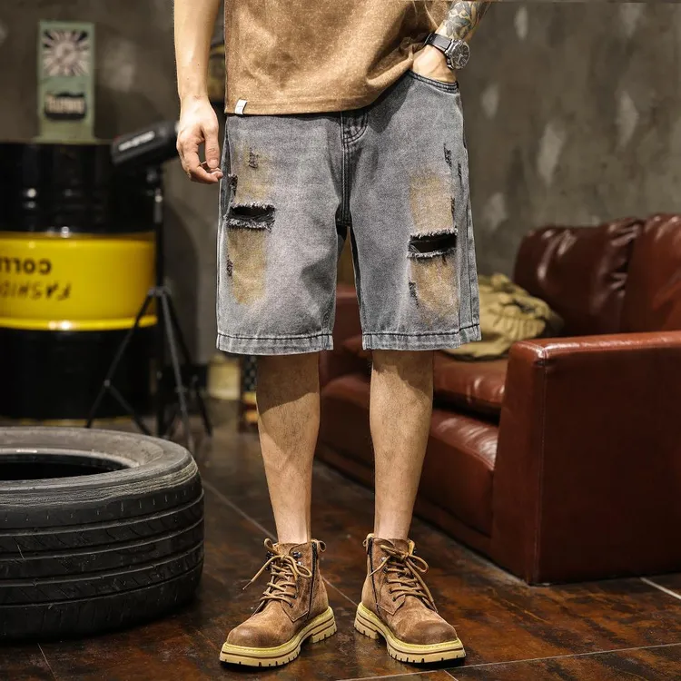 美式复古破洞刮烂直筒牛仔短裤男夏季潮牌宽松薄款五分马裤子中裤