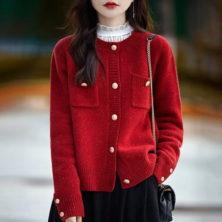 小香风亮丝圆领长袖针织衫秋冬新款法式气质加厚宽松毛衣外套女