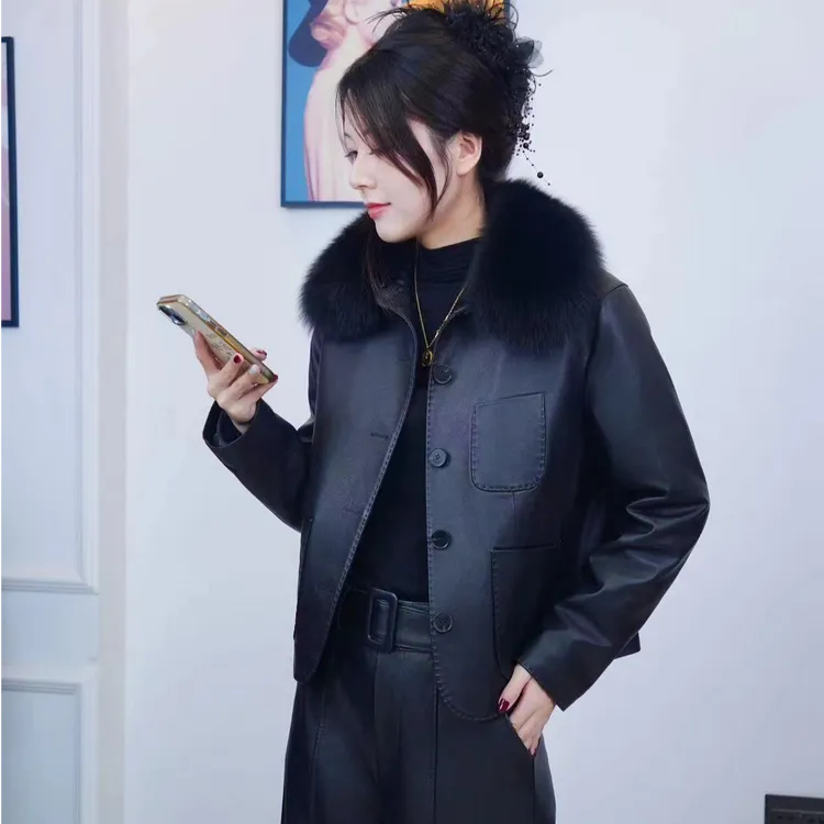 真皮皮衣女士加厚外套头层牛皮狐狸毛领内胆脱卸海宁皮衣女款