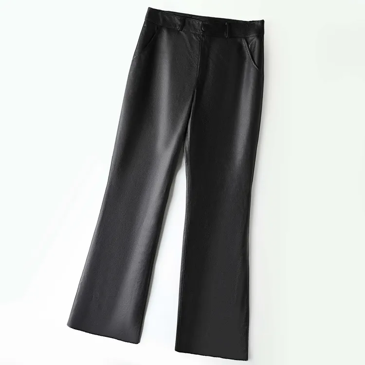遇见安娜海宁真皮头层牛皮长裤2025春秋休闲修身喇叭裤直筒裤女裤