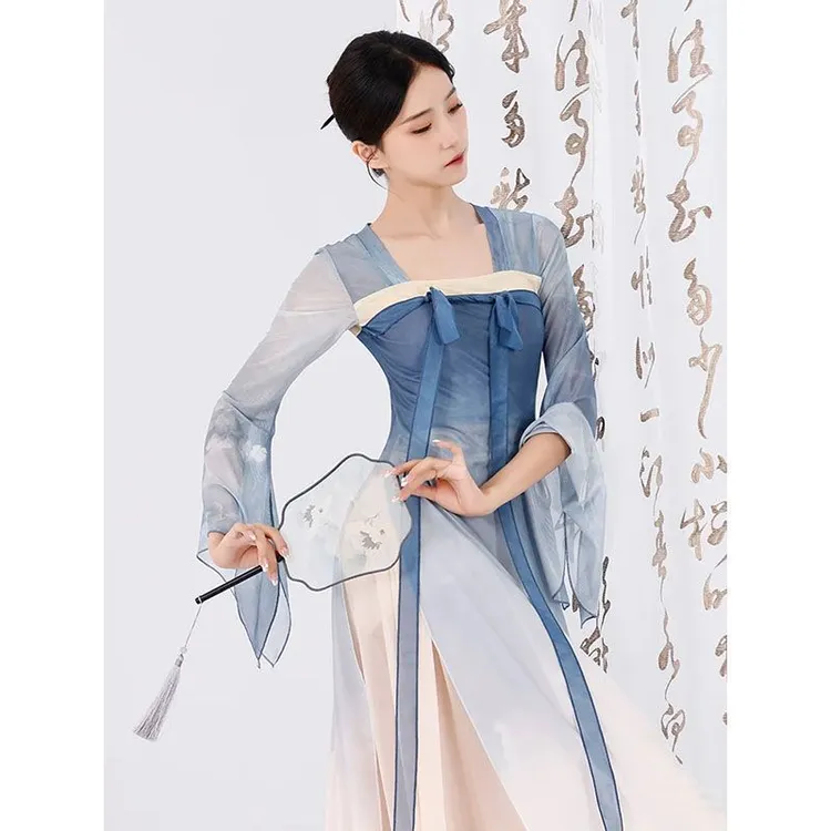 古典飘逸汉服齐胸破裙中国舞练功服飘带长款身韵飘逸纱衣春夏艺考