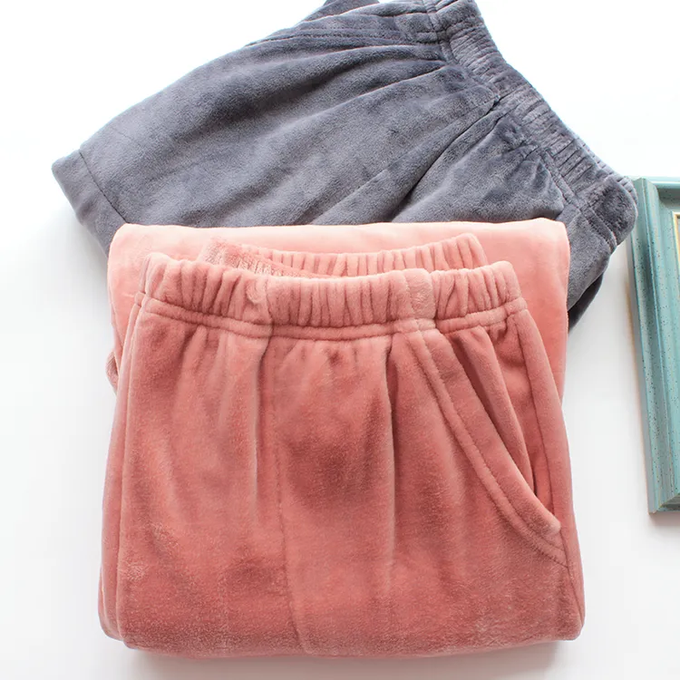 中老年睡裤秋冬情侣保暖海岛绒家居裤纯色收口男女加厚加绒长裤