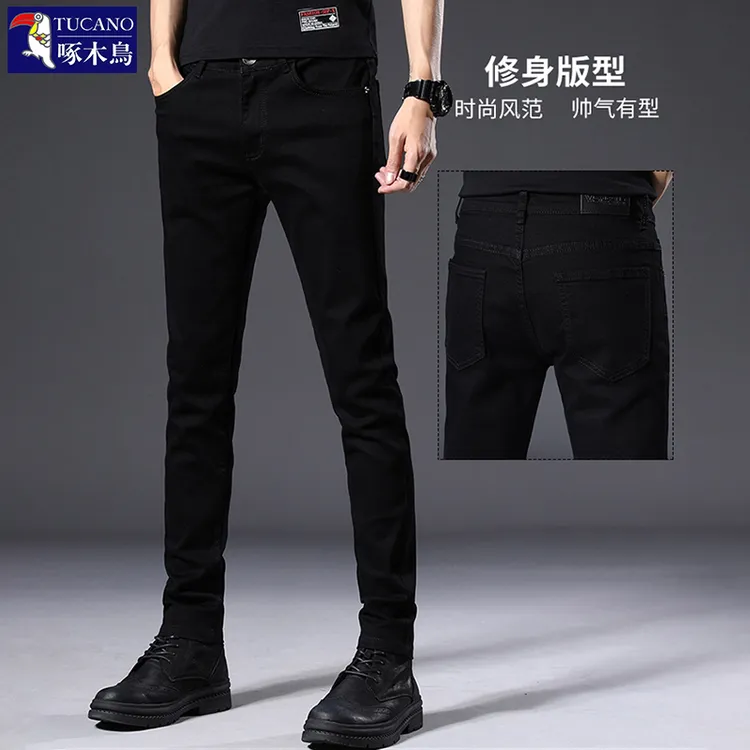 啄木鸟秋冬厚款黑色牛仔裤裤男士修身小脚弹力休闲百搭显瘦长裤子