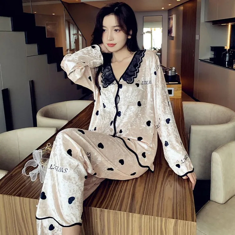 轻奢金丝绒无胸垫睡衣女长袖家居服套装女纽扣开衫法式甜美睡衣Y