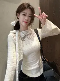 2024秋冬法式洋气小众设计感蕾丝上衣长袖修身显瘦纯色打底上衣女
