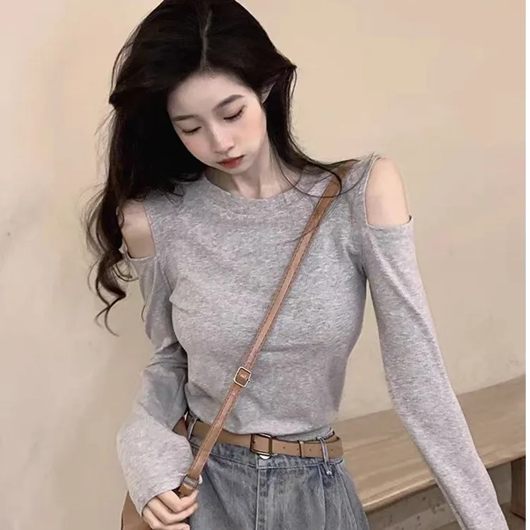 2025春秋辣妹设计感纯色新款漏肩特色上衣修身洋气百搭女长袖T恤.