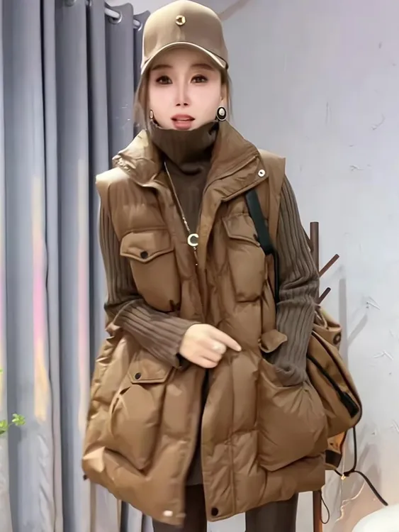 欧货重磅秋冬季新款女装2024咖色中长款棉服马甲外套高级感小众潮