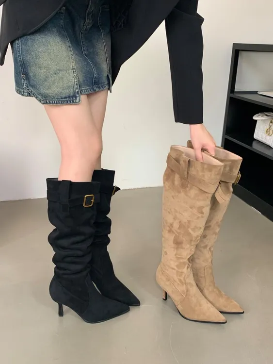 【现货】尖头细跟显瘦长靴2024年秋冬堆堆靴皮带扣高跟长筒靴瘦瘦靴