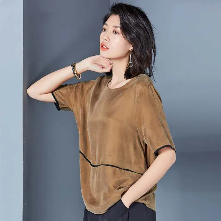 大码重磅铜氨丝显瘦夏季短袖女 气质宽松百搭时尚休闲圆领女t恤