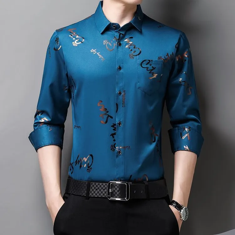 春夏季新款长袖男士衬衫薄款冰丝中青年印花外穿休闲免烫抗皱中年
