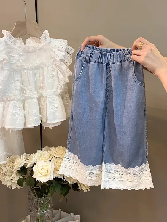 夏季春季中腰女高腰牛仔裤裤子童装女童宽松九分裤