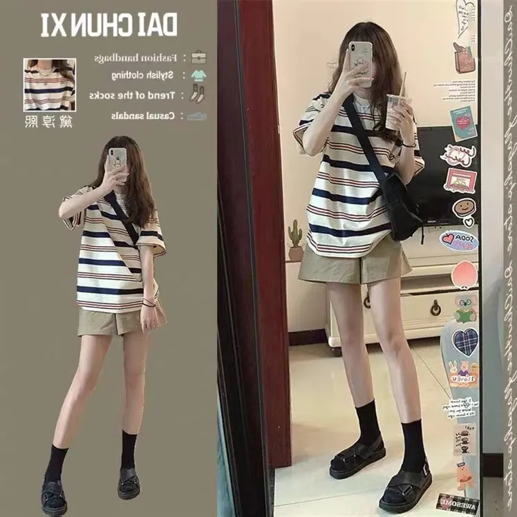2024年夏装新款孕妇套装休闲条纹短袖上衣小个子显瘦两件套辣妈潮