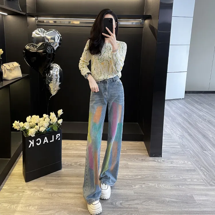 初秋新款设计感韩版复古休闲时尚套装女针织上衣阔腿牛仔裤两件套