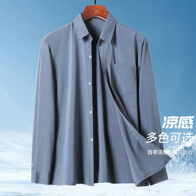爸爸中年春夏季薄男士衬衫长袖宽松老人大码纯色爷爷中老年人衬衣