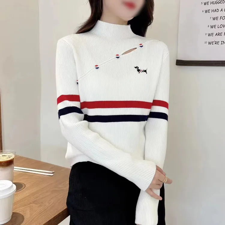 小狗撞色针织衫刺绣百搭女士春秋新款减龄上衣长袖毛衣套头外搭