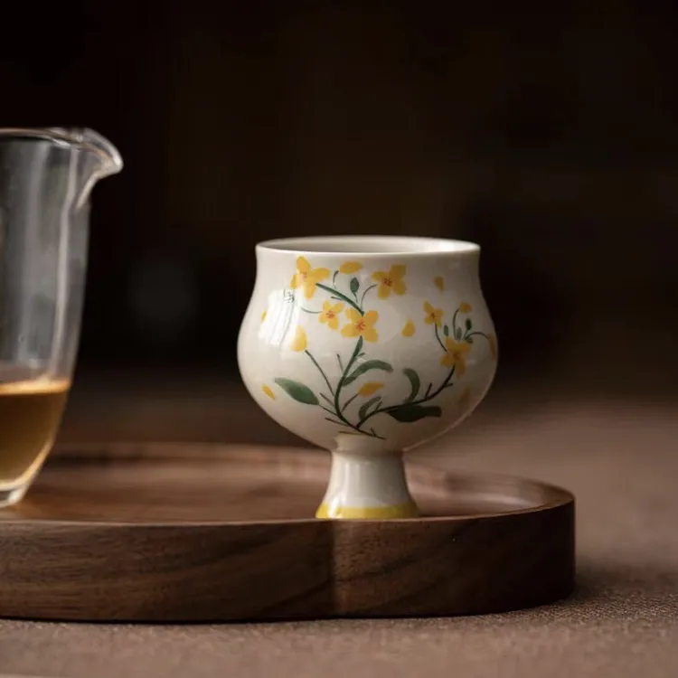 寒舍草木灰茶具釉下手绘陶瓷茶杯花草蛮腰主人杯60ml
