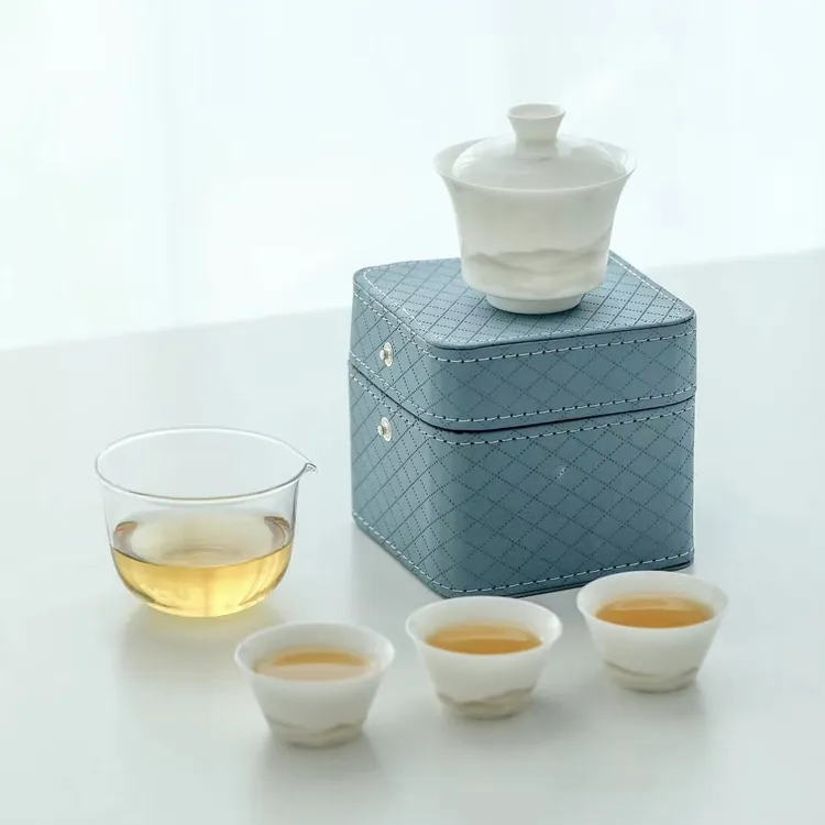 寒舍羊脂玉瓷便携旅行茶具套装远山快客杯130ml