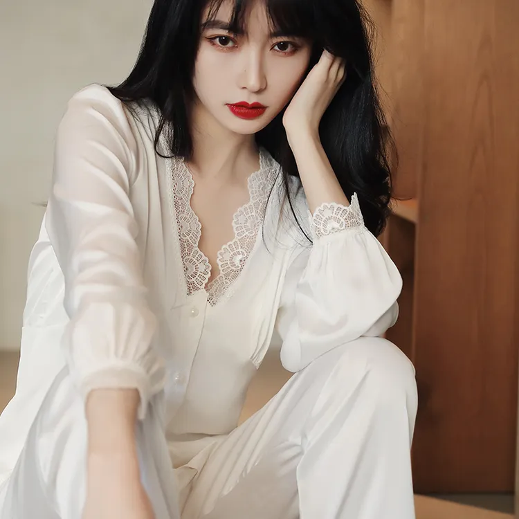 睡衣女春秋薄款蕾丝长袖夏季冰丝两件套法式性感女士套装家居服