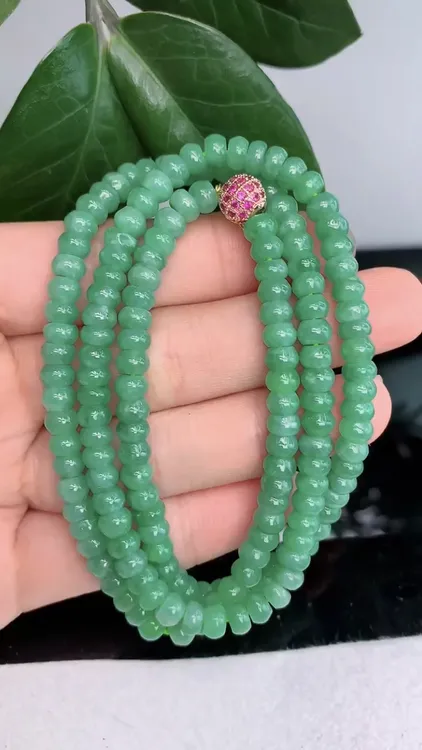 天然翡翠A货冰润满绿满色果阳绿算盘珠子项链珠链卡5.5-3.5绿色