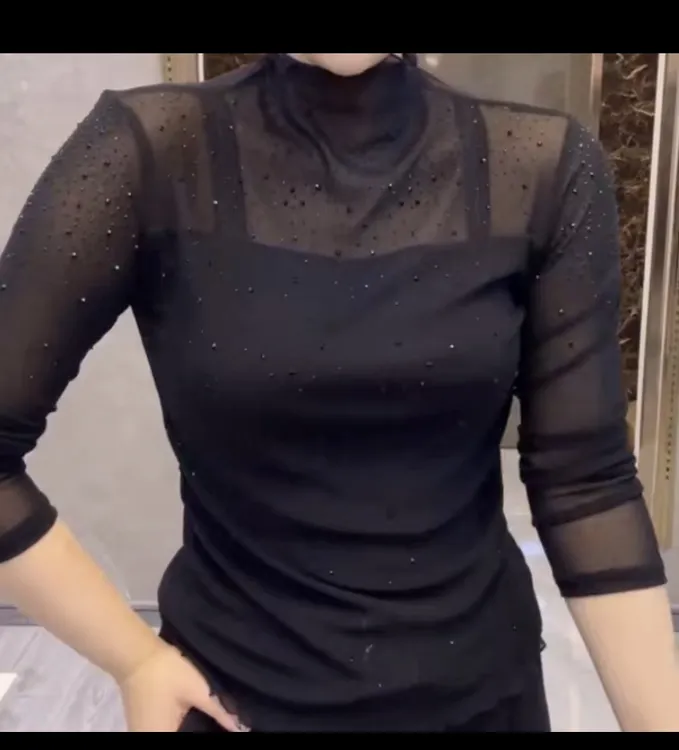 时尚镶钻弹力网纱打底衫女春秋长袖t恤半高领修身显瘦百搭小衫