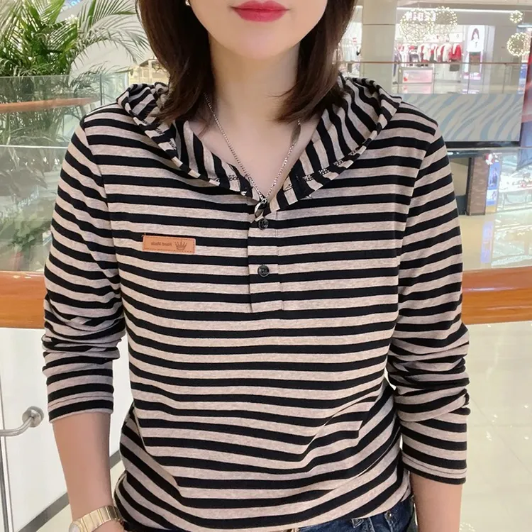 卫衣女2025新款春秋长袖显瘦条纹韩版连帽T恤网红同款帽衫上衣潮t