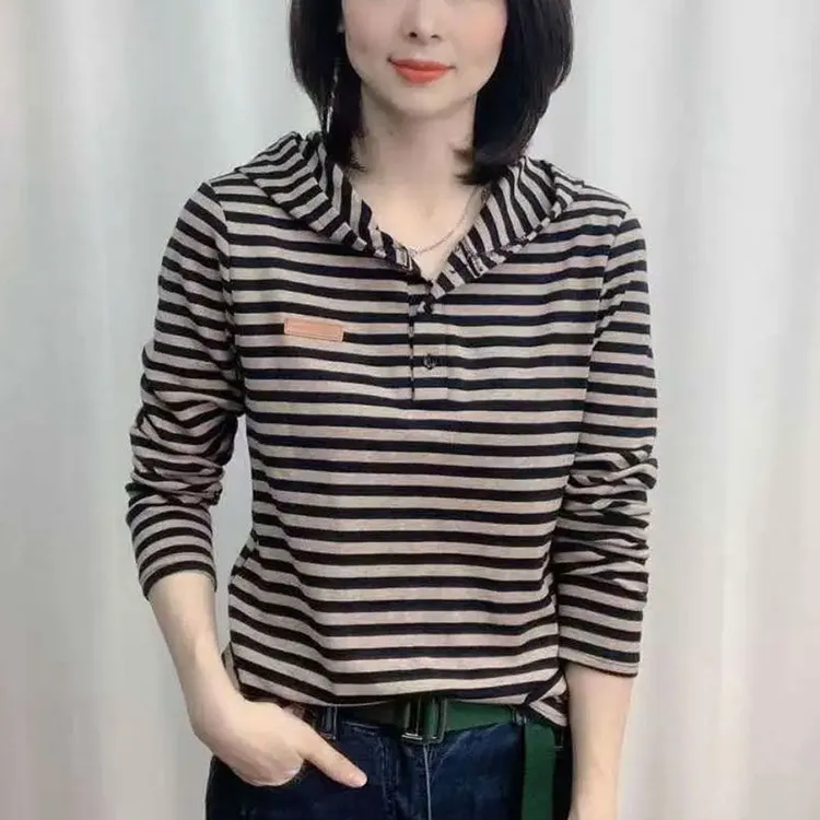 2025新款春秋条纹长袖连帽t恤女韩版时尚百搭卫衣宽松显瘦上衣潮
