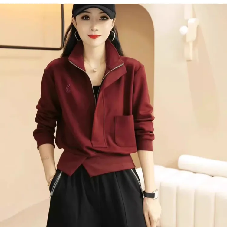 欧货立领半拉链开叉长袖卫衣女秋冬新款加绒加厚百搭显瘦小众上衣