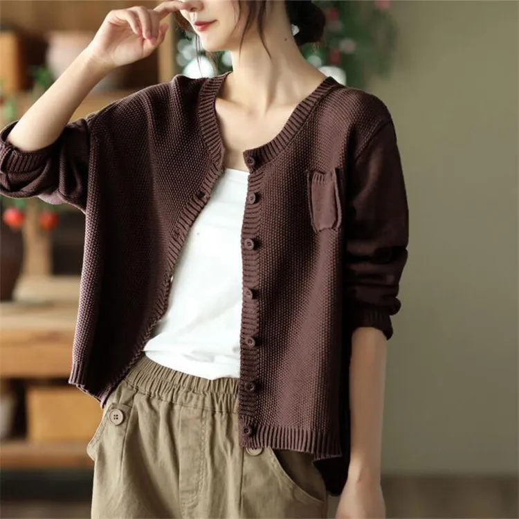 复古棉线针织开衫女士秋季春游新款时尚宽松休闲长袖百搭纯色外套
